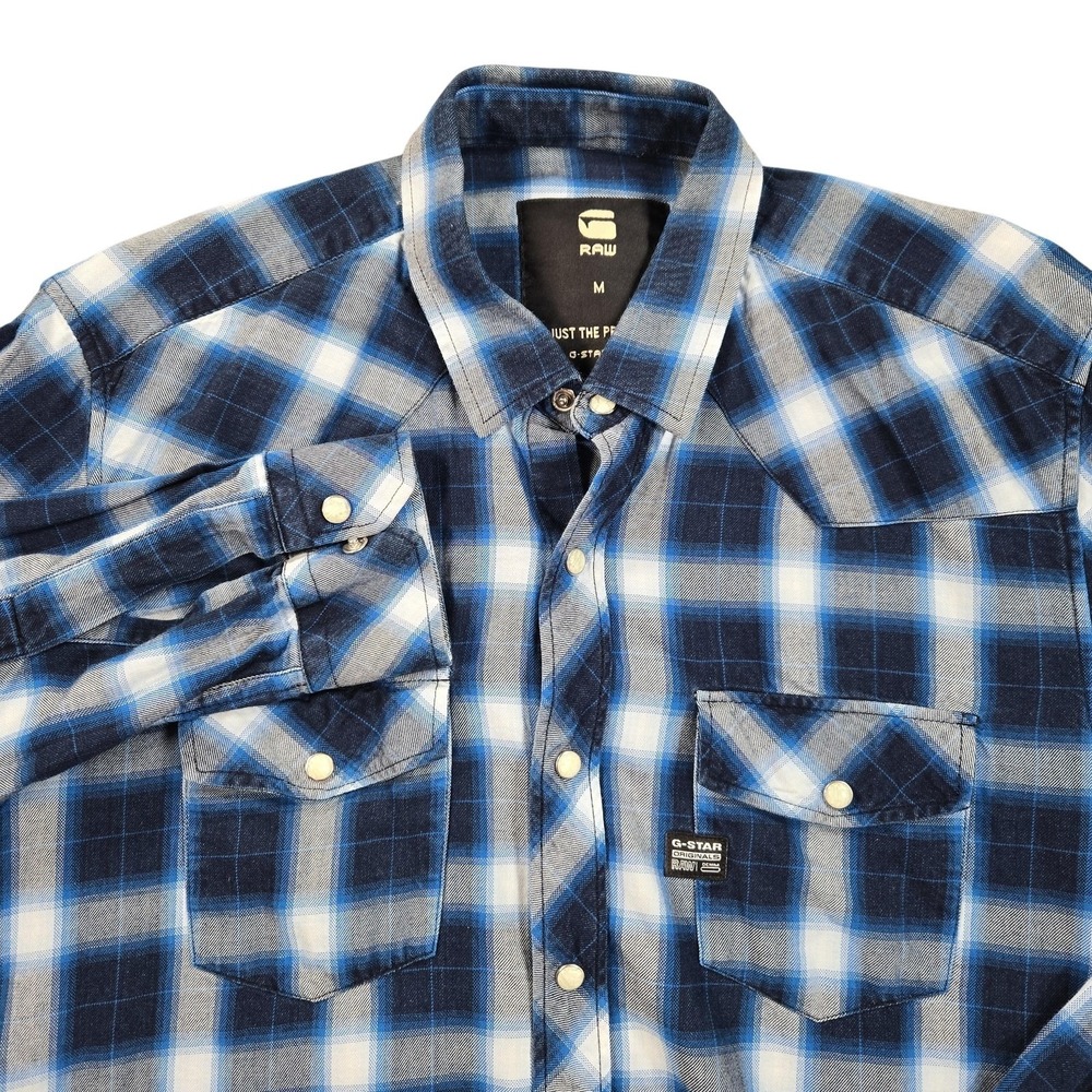 G-Star RAW Shirt Mens Medium Blue Plaid Flannel Snap Western Button Long Sleeve‎